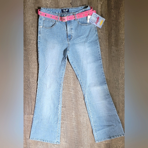 Angels Denim - Vintg Y2K Angels Flare Jeans w/ Pink Belt Women's 14 Light Wash Mid Rise Stretch
